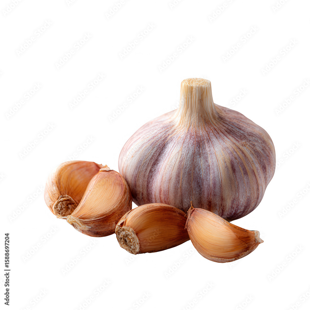 Obraz premium Fresh garlic bulb and cloves on a white isolated background, showcasing the rich textures and natural colors, perfect for culinary or dietary themes.
