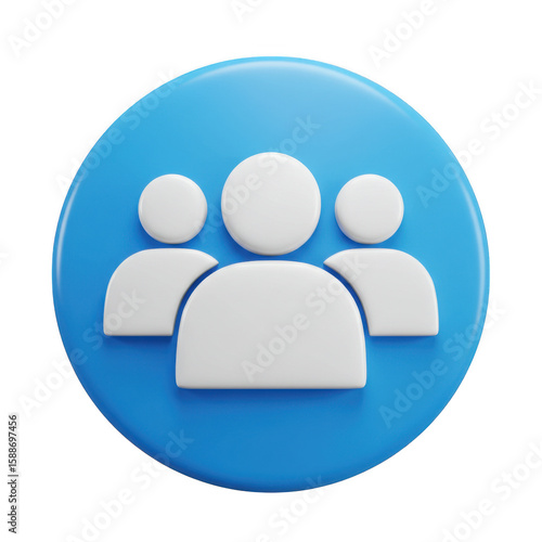 Stylized 3d icon of three white human silhouettes on a blue circle isolated on transparent background