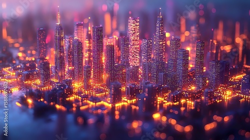 Wallpaper Mural Modern cityscape with illuminated skyscrapers at night, glowing orange and purple lights creating dreamy bokeh effect, urban architecture in soft focus for business backgrounds. Torontodigital.ca
