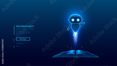 Abstract Hologram of AI Robot Fly Over Opened Book. AI Agent in Low Poly Wireframe on Technology Background. Artificial Intelligence Education Assistant Concept. Knowledge Digital Vector Illustration.