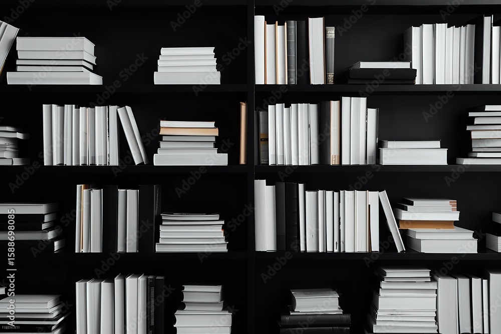 Fototapeta premium White books arranged on black wooden shelves creating minimalist monochrome pattern. Modern library interior with organized literature collection.