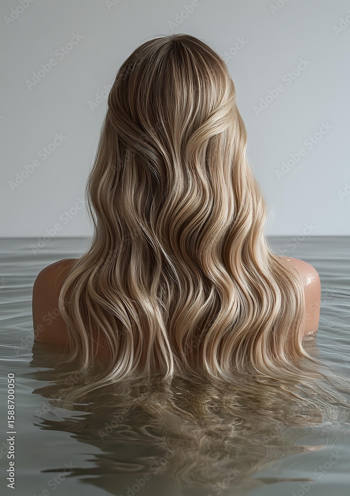 Naklejka premium Back view of long wavy blonde hair on woman bathing in water, highlighting natural beachy waves and balayage coloring for hair salon advertising.