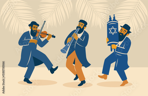 Jewish people dancing Hasidic dance celebrating Jewish holiday Sukkot and Simchat torah. People dressed in traditional Jewish clothes.