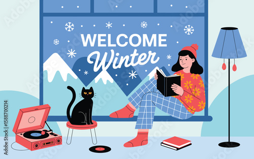 Adobe Illustrator winter scene: reader seated on windowsill in floral sweater and checkered pants, black cat by red retro record player, ‘WELCOME Winter’ snowflake window display, soft blue tones.”

