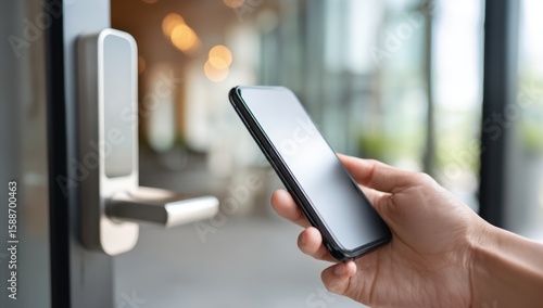 Unlocking the Future: A hand uses a smartphone to access a modern digital door lock system.