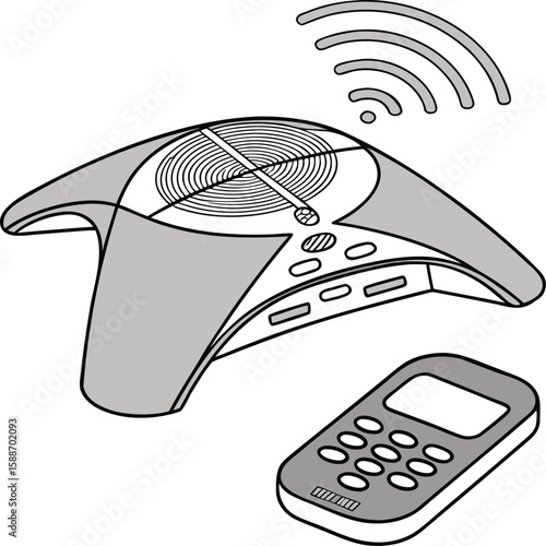 Illustrative design of a modern conference phone with remote control