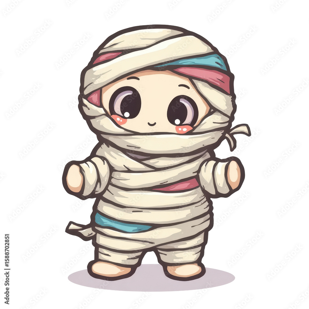 Obraz premium Adorable cartoon mummy with big eyes wrapped in bandages stands on a black background, perfect for Halloween designs.
