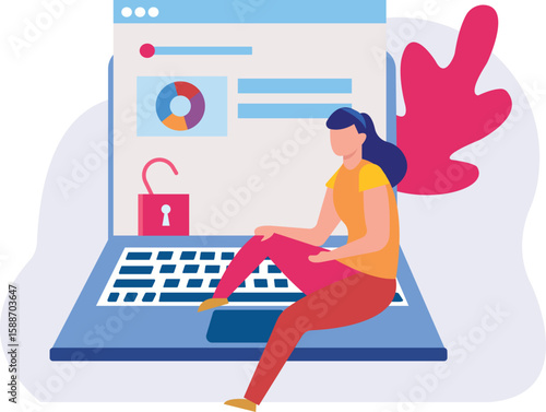 The girl is working on the laptop after unlocking the password