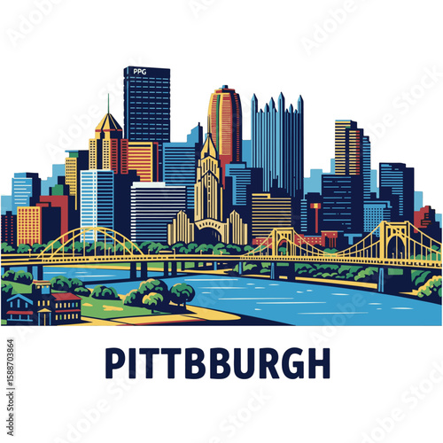 Colorful stylized illustration of Pittsburgh skyline, featuring bridges and river.
