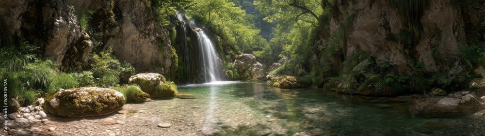 Fototapeta premium Panoramic 360 degrees waterfall view in nature hdr landscape serene environment