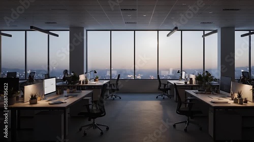 Time-lapse office floor from day to night, backlit windows transitioning in color temperature