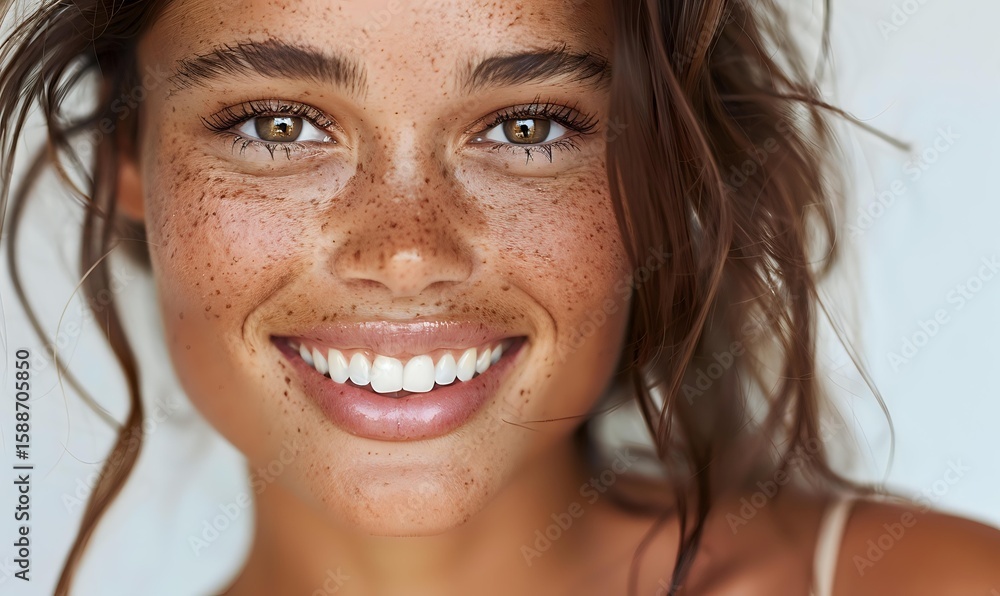 Close up portrait of young woman with natural freckles and radiant smile showing white teeth against light background, fresh glowing skin and natural makeup. Close up portrait of young woman with natural freckles and radiant smile showing white teeth against light background, fresh glowing skin and natural makeup.