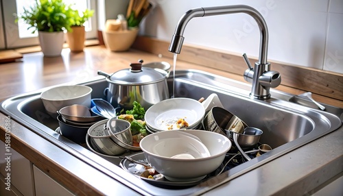 Kitchen sink overflowing with dirty dishes