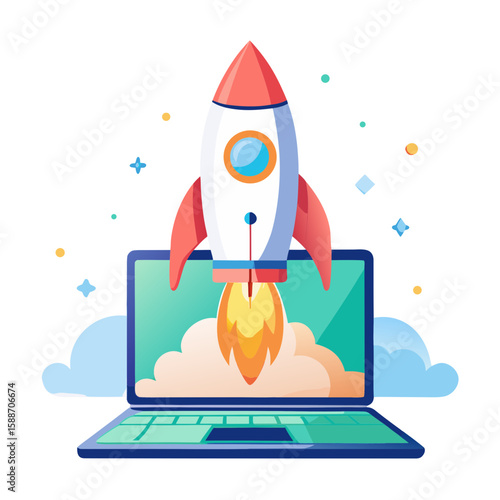 Rocket Launch Startup: A vibrant illustration depicting a rocket launching from a laptop screen, symbolizing a successful startup, innovation, and rapid growth.