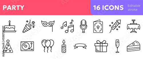  party icons including cake, party popper, mask, musical note, microphone