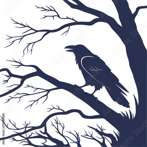 Here's one sentence describing the image:

Black raven or crow silhouette vector illustration on a tree branch, capturing the essence of wild nature