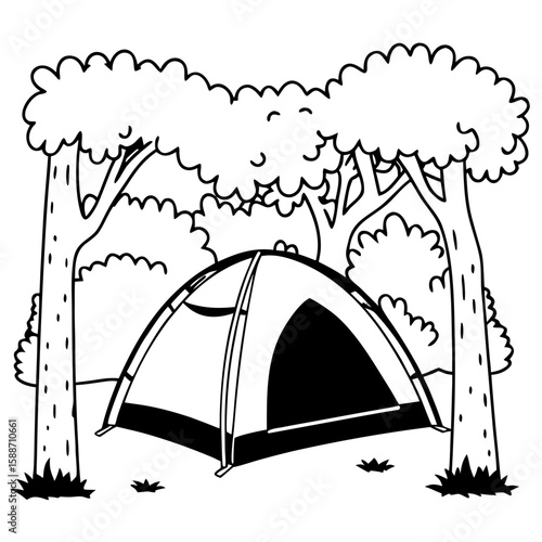 Camping tent surrounded by trees in a wooded area  