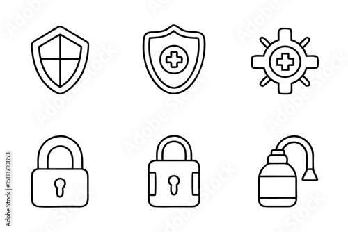 Line icons of security elements including shields and locks  
