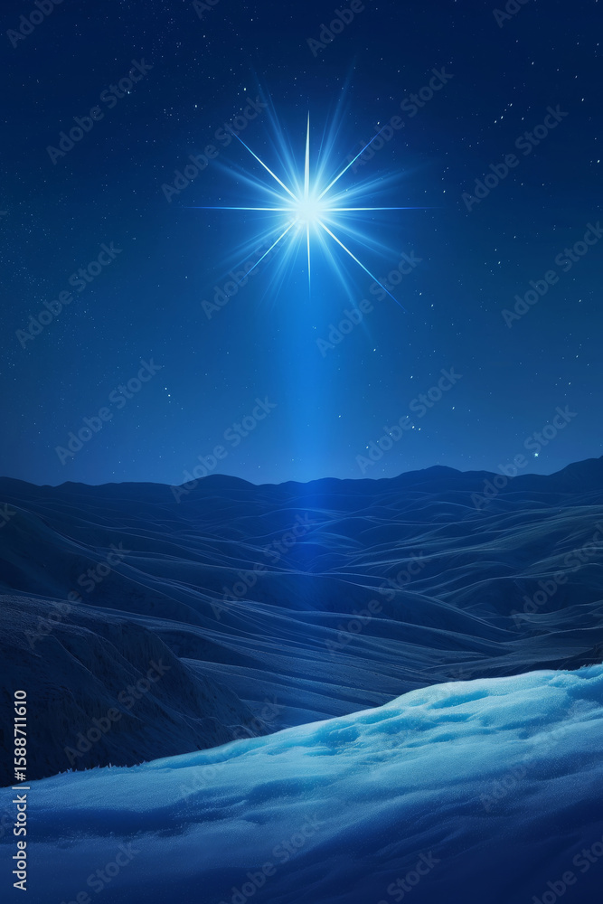 Obraz premium Star of Bethlehem above snowy hills at night. Nativity and Christmas concept. 