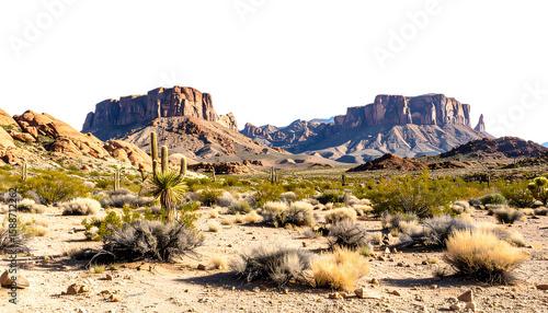 Wild West desert landscape, featuring majestic rocky plateaus rising from the aridterrainisolated on white background. Suitable for marketing or business purposes. PNG isolated on transparency 