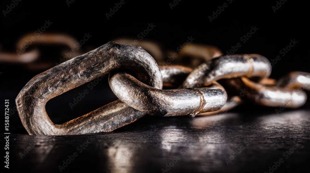 Obraz premium Shattered iron chain links on dark background representing resistance and personal liberation
