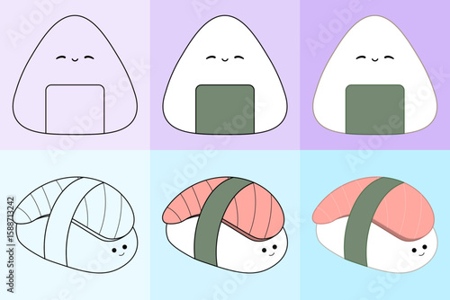 Onigiri and Sushi Clip Art, Line Art and Colored Versions, Vector, Coloring Pages