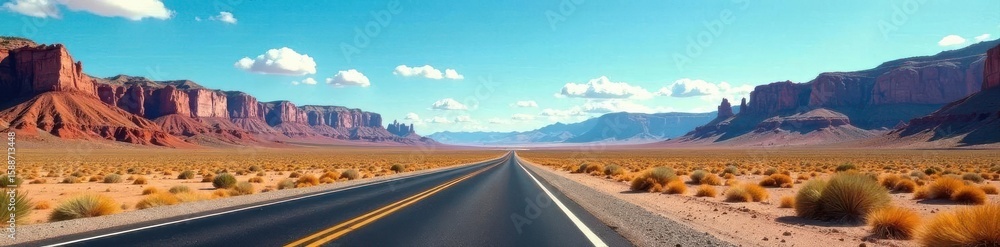 Naklejka premium Endless desert highway vanishing into majestic mountains under a vibrant blue sky , summer, sand, distance