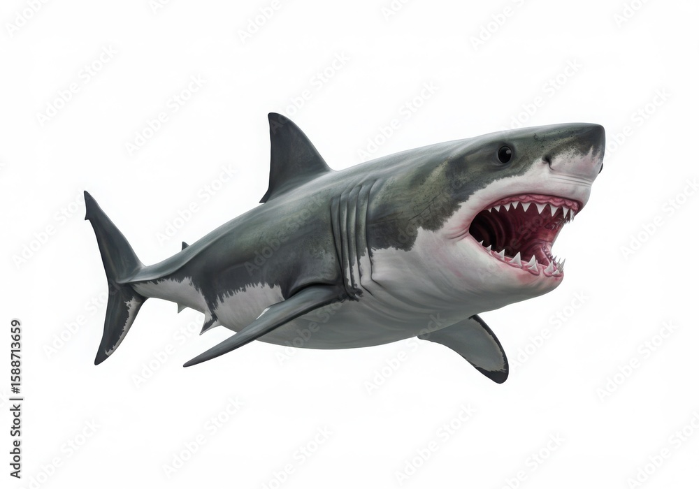 Fototapeta premium Fierce great white shark with mouth open showing sharp teeth isolated on white background