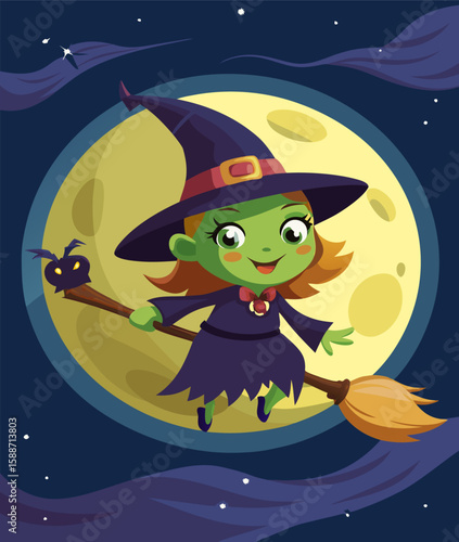 Cute Halloween Witch Flying on Broomstick in Front of Full Moon – Cartoon Night Sky Illustration