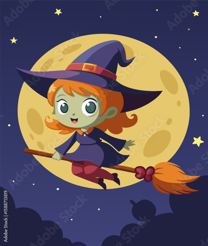 Cute Halloween Witch Flying on Broomstick in Front of Full Moon – Cartoon Night Sky Illustration