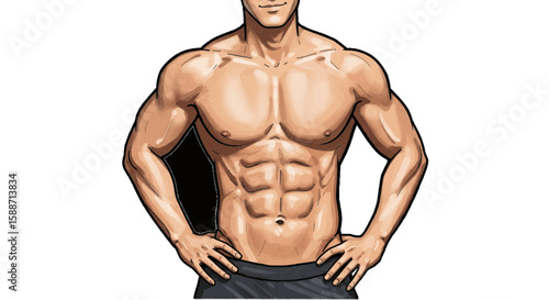 Man showing six-pack transformation, vector chart