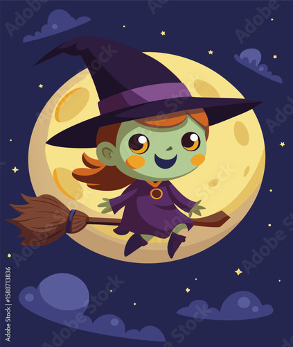 Cute Halloween Witch Flying on Broomstick in Front of Full Moon – Cartoon Night Sky Illustration