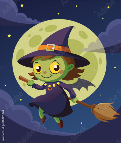 Cute Halloween Witch Flying on Broomstick in Front of Full Moon – Cartoon Night Sky Illustration