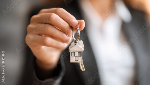 Woman's hand offers house keys, symbolizing new home ownership or real estate success.