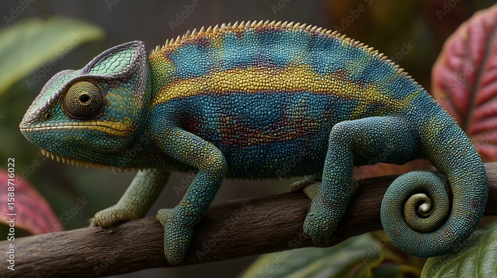 Fototapeta premium Vibrant chameleon blue yellow green scales reptile branch image
