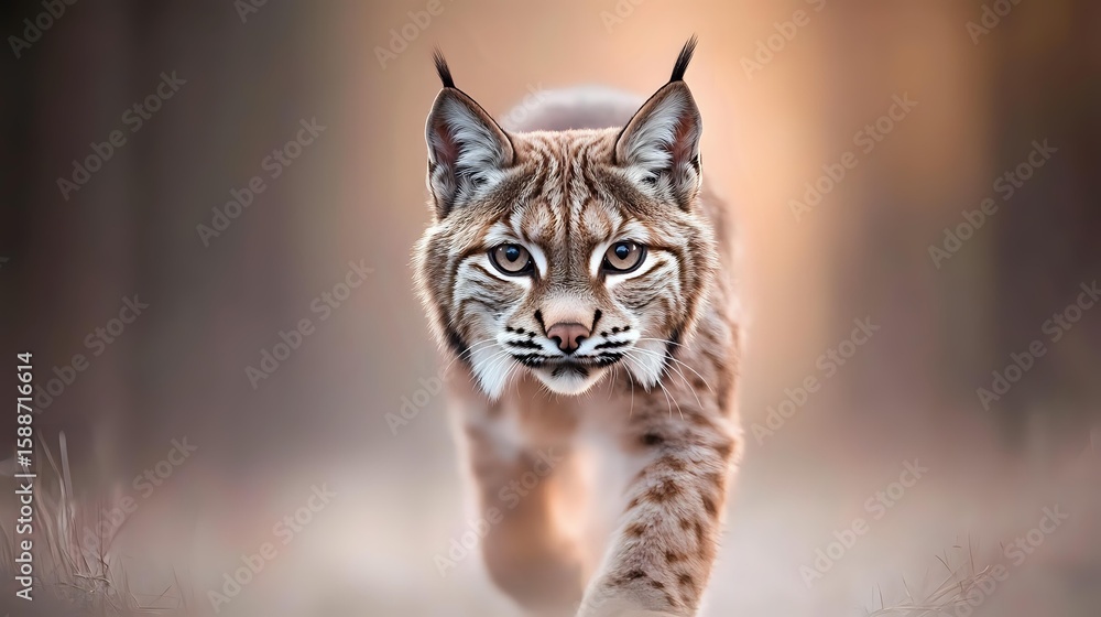 Obraz premium Majestic lynx walking forward with intense gaze and distinctive ear tufts against blurred natural background, showcasing wild feline predator in its natural habitat.
