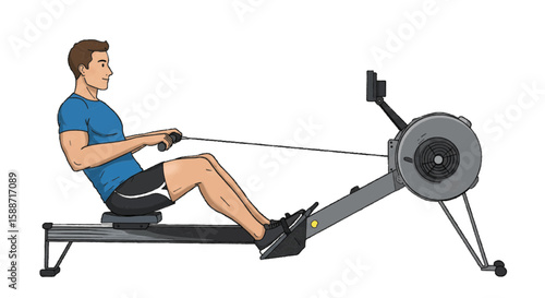 Seated rowing machine vector with man training