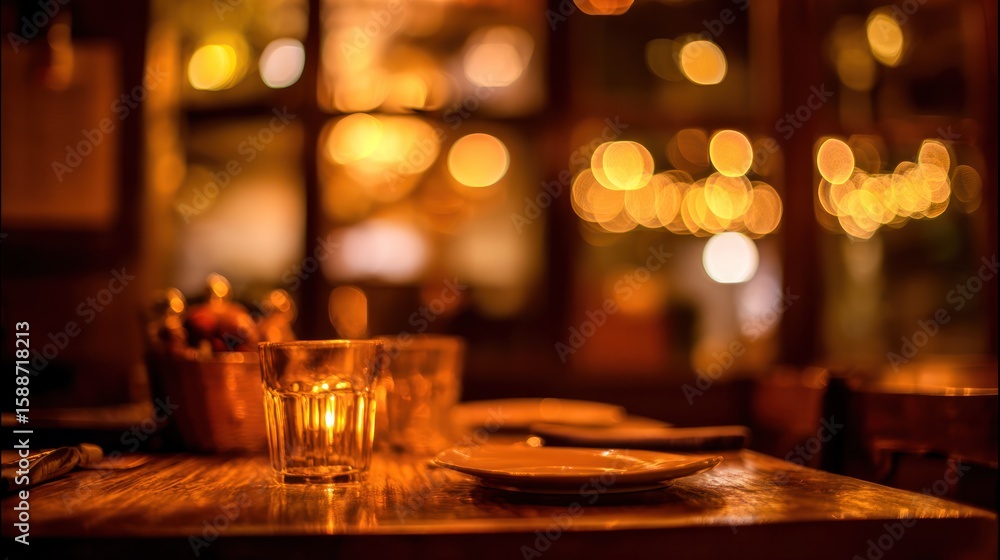 Empty restaurant interior with inviting table setup and ambient evening glow Empty restaurant interior with inviting table setup and ambient evening glow