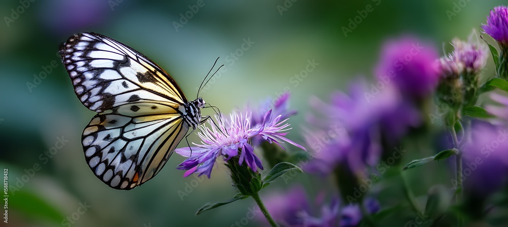 Fototapeta premium A butterfly feeding on a purple flower 