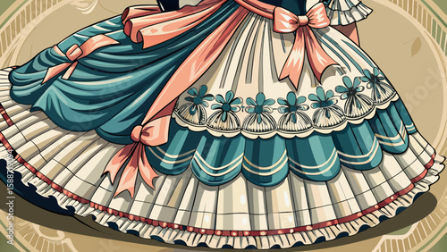 The Southern Belle gown from Georgia includes a wide hoop skirt, lace bodice, and parasol, ideal for a charming vector with classic American Southern grace and beauty.