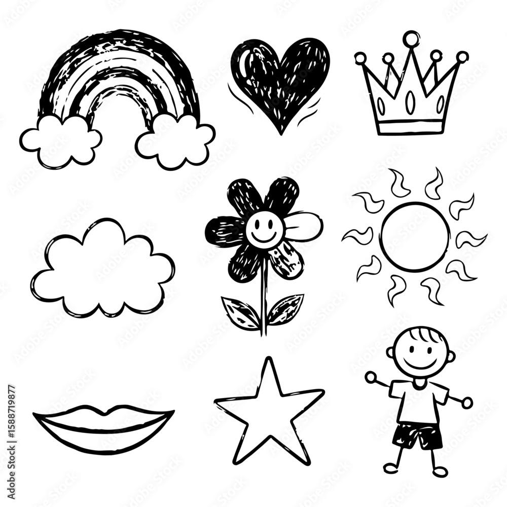 Fototapeta premium Whimsical Hand-Drawn Crayon Icon Set for Playful Designs | Rainbow icons. Heart icons. Crown icons. Flower icons. Sun icons. Smile icons. Star icons. Cloud icons. School icons.