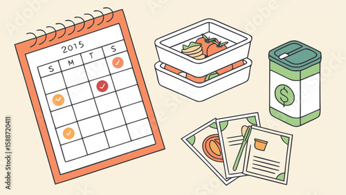 Illustration of calendar with marked dates, stacked food containers, and savings jar displayed together