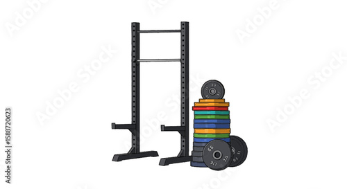 Weight plates stacked beside gym rack