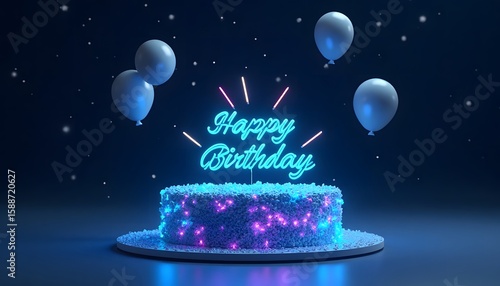 Bright Blue Neon Happy Birthday Sign Above Colorful Glitter Cake with Balloons in Dark Background