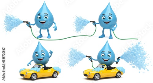 Cartoon water drop character car washing illustration