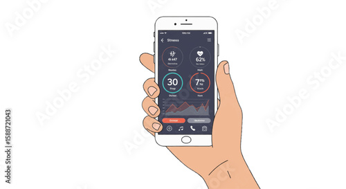 Fitness tracking app interface in hand, vector style