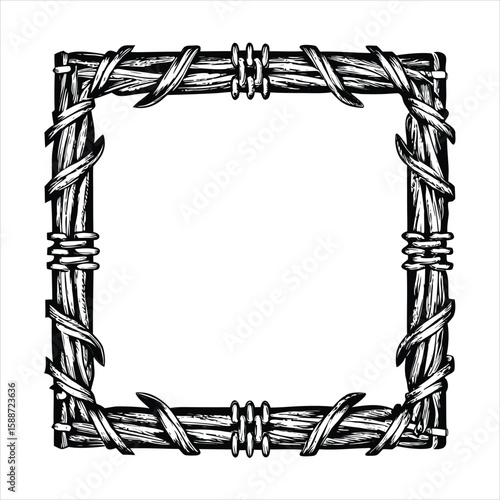 Square border constructed from rough, intertwined barbed wire, suggesting a rustic or dangerous boundary