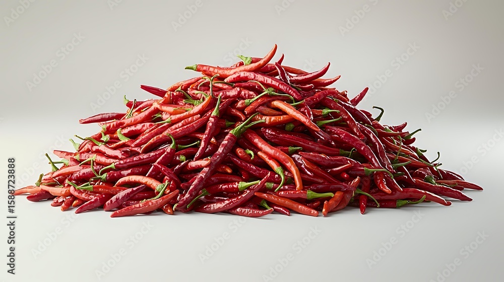 Naklejka premium Fresh red hot chili peppers in large pile on neutral background, raw spicy cayenne or thai chilies for cooking and seasoning food. Isolated macro shot.