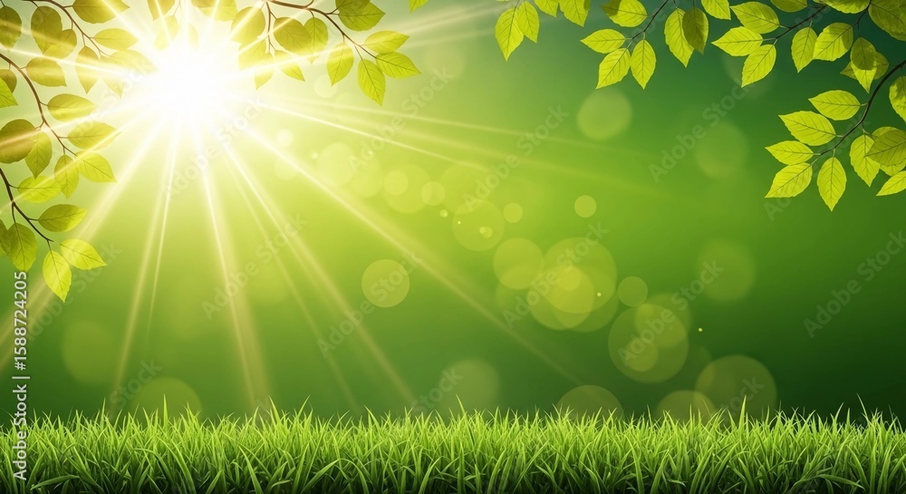 Vibrant Green Nature Background with Sun Rays, Leaves, and Lush Grass
Vibrant Green Nature Background with Sun Rays, Leaves, and Lush Grass