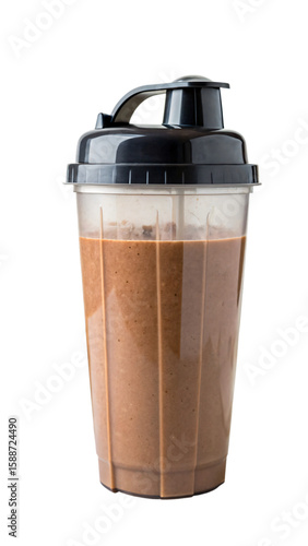 Protein shaker with chocolat smoothie, isolated PNG transparent background